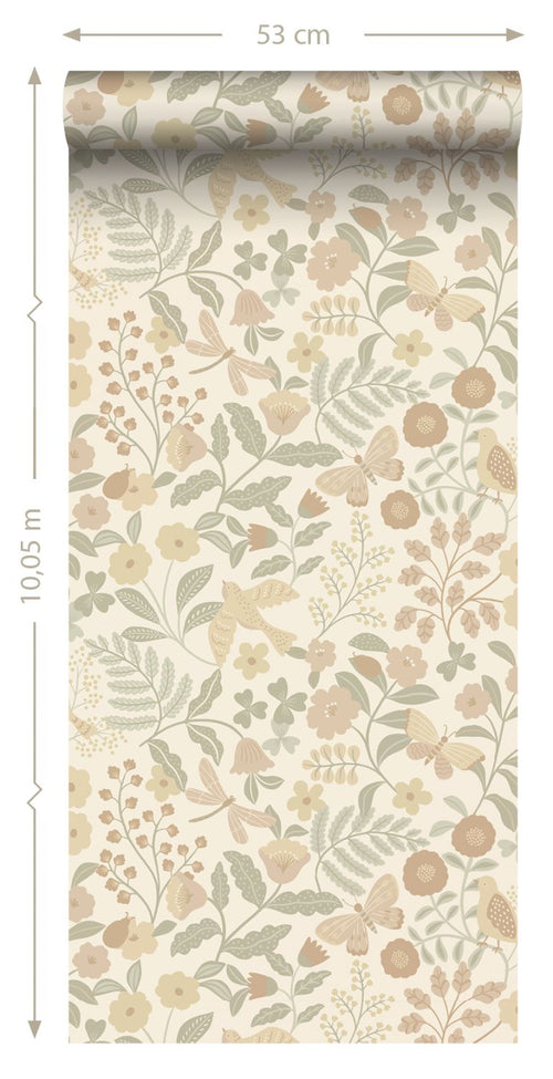 ESTAhome behang bloemen en vogels beige, groen en zacht roze - 53 cm x 10.05 m - 139867