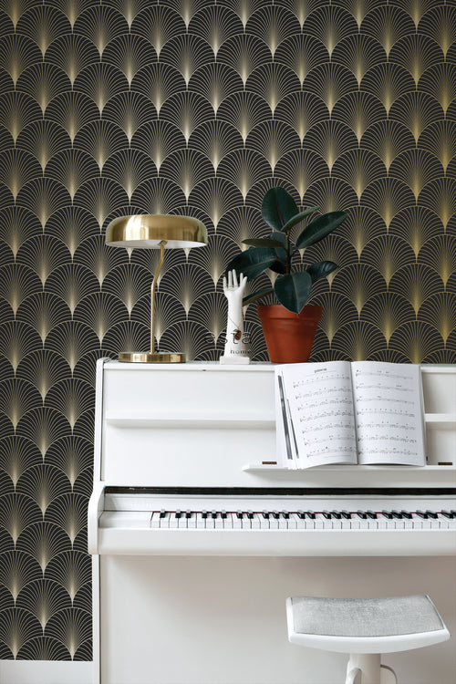 ESTAhome behang art deco motief zwart en goud - 53 cm x 10.05 m - 139457
