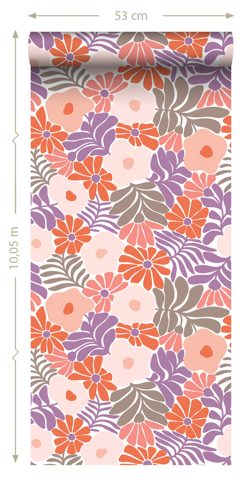 ESTAhome behang bloemen in Matisse stijl paars en oranje - 50 x 900 cm - 131007 - vtwonen shop