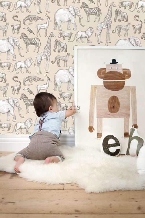 ESTAhome behang jungle dieren beige - 53 cm x 10.05 m - 139511