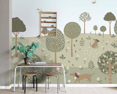 ESTAhome fotobehang honden groen en blauw - 3 x 2.79 m - 159662