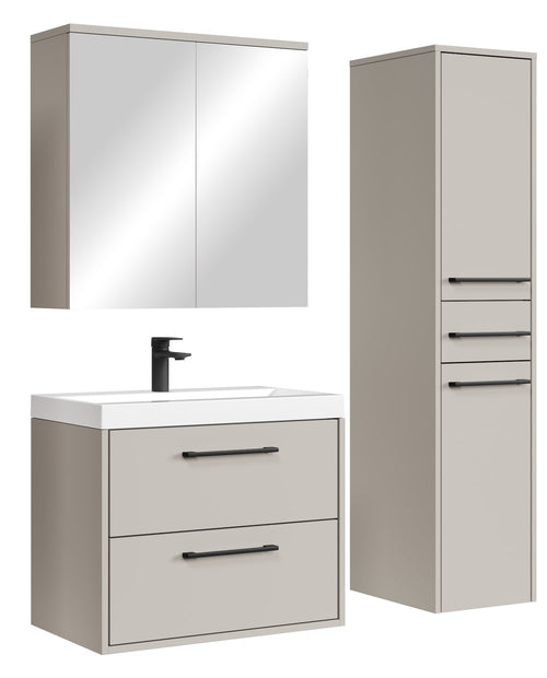 Badplaats Badkamermeubel Set Florence 60 cm – Beige – Hangend Badmeubel met Wastafel, Spiegelkast en Zijkast