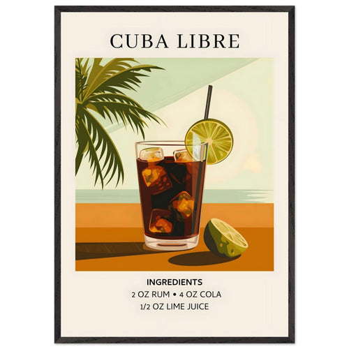 Artfulprints Poster met Lijst Cuba Libre cocktail - Ingrediënten   - 70x100 cm - Bruin
