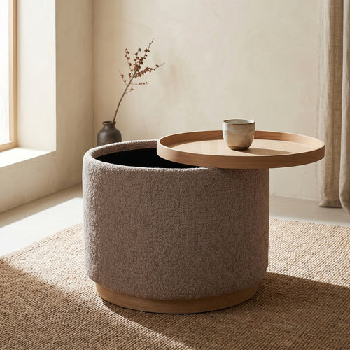 DÉJA Living Salontafel Marcia – Rond – Met Opbergruimte – Essen Fineer – 55x55x42 cm – Taupe/Naturel