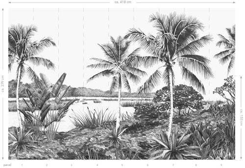 Origin Wallcoverings fotobehang landschap met palmen zwart wit - 418.5 x 279 cm - 357224 - vtwonen shop
