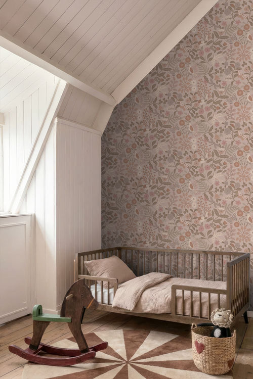 ESTAhome behang bloemen en vogels taupe en oudroze - 50 x 900 cm - 132232