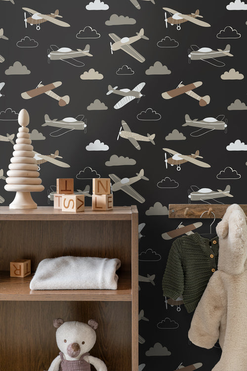 ESTAhome behang vliegtuigen zwart en bruin - 50 x 900 cm - 139805 - vtwonen shop