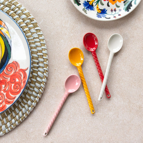 Return to Sender Lepels 15 cm keramiek - rood en geel - Set van 4