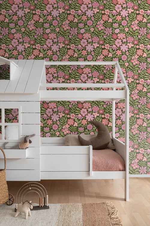 ESTAhome behang bloemetjes groen, roze en paars - 50 x 900 cm - 132293
