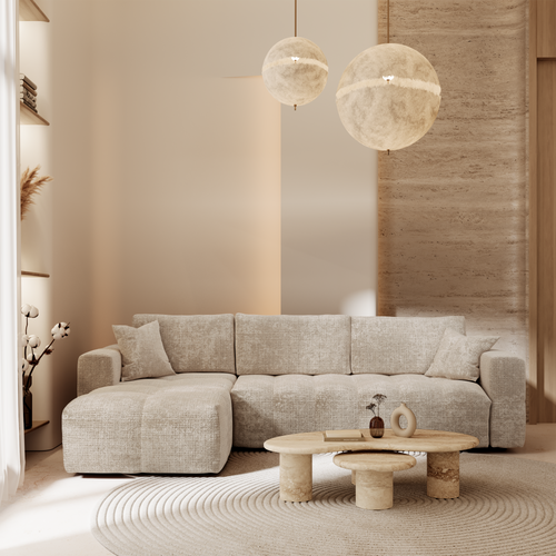 Premium Interiors - Linkerhoekbank met snelle uitklapfunctie VIBE - gewaafd fluweel beige 286cm