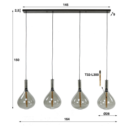 Giga Meubel Hanglamp Drop - Smoke Glas - 4-Lichts - 164x30x150cm - vtwonen shop