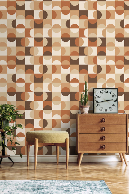 ESTAhome behang cirkels in Bauhaus stijl beige en donkerbruin - 50 x 900 cm - 130938 - vtwonen shop