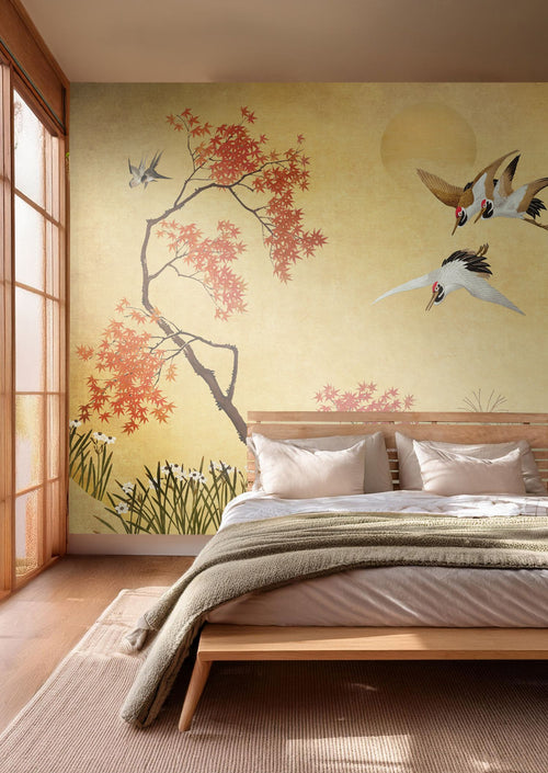 Sanders & Sanders fotobehang kraanvogels geel en bruin - 424 x 280 cm - 640810
