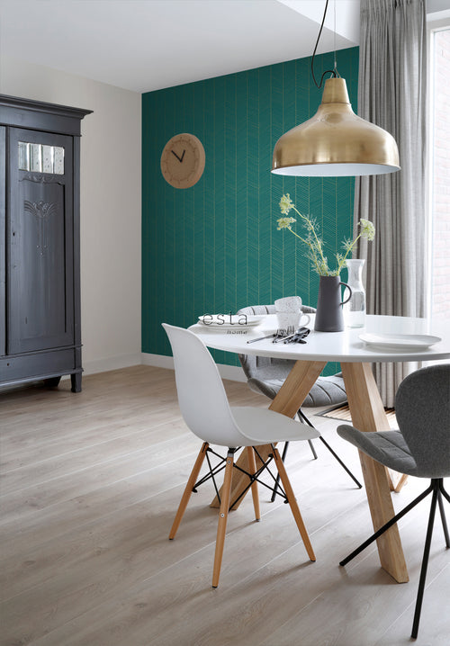 ESTAhome behang visgraat-motief smaragd groen en goud - 53 cm x 10.05 m - 139200
