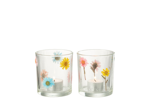 J-Line windlicht Posy  - glas - transparant/mix - medium - 2 stuks
