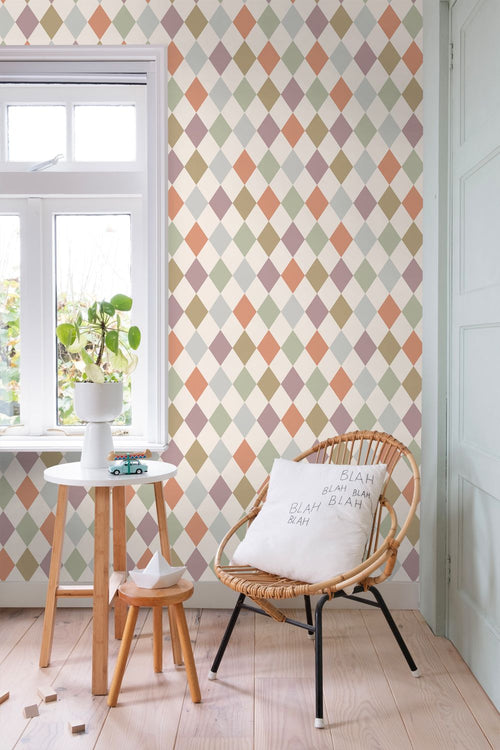ESTAhome behang ruitjes beige, paars en terracotta - 50 x 900 cm - 131764