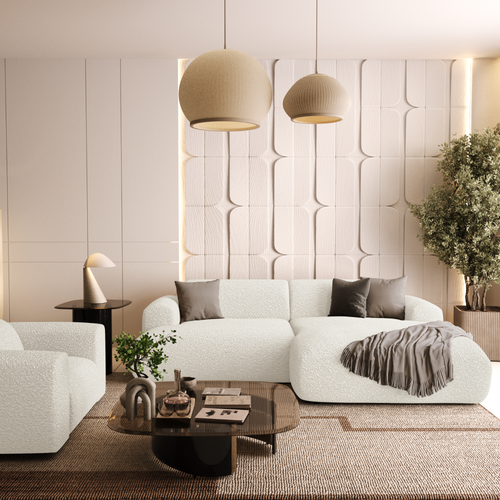 Sia Home - Rechthoekige hoekbank MYRA - bouclé-stof crème 266cm