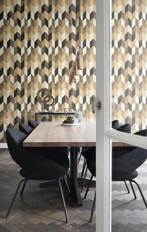 Origin Wallcoverings XXL behang grasweefsel in grafisch 3D motief zwart, beige en crème - 50 x 900 cm - 357214