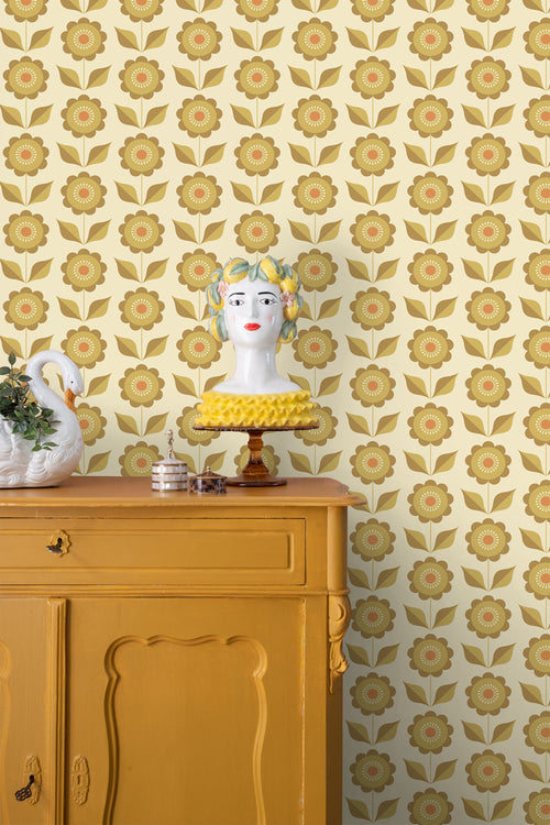 ESTAhome behang bloemen olijfgroen en okergeel - 50 x 900 cm - 130978 - vtwonen shop