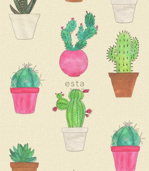 ESTAhome XXL behang cactussen groen, roze en beige - 50 x 900 cm - 158604 - vtwonen shop