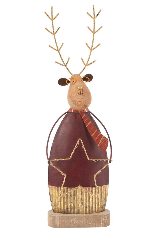 J-Line decoratie Rendier + Sjaal/Bril - metaal - roest/goud - large - LED lichtjes - vtwonen shop