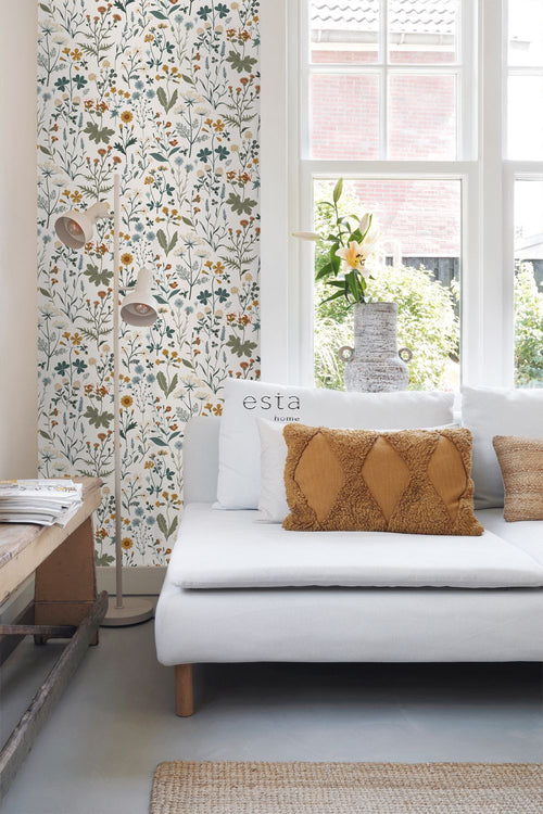ESTAhome behang veldbloemen okergeel, vergrijsd groen en vintage blauw - 53 cm x 10.05 m - 139391