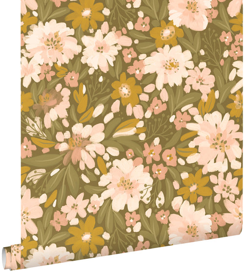 ESTAhome behang bloemen vergrijsd olijfgroen, licht roze en mosterdgeel - 50 x 900 cm - 130927 - vtwonen shop