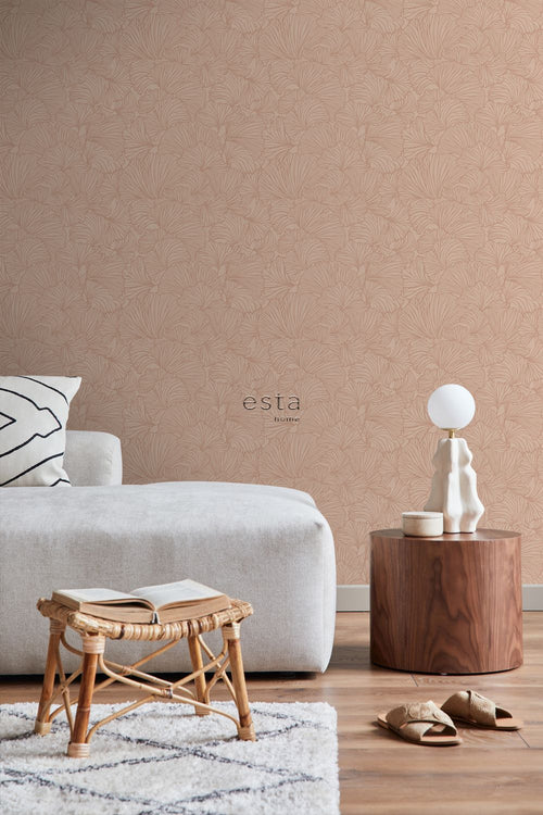 ESTAhome behang ginkgo bladeren licht terracotta - 53 cm x 10.05 m - 139490
