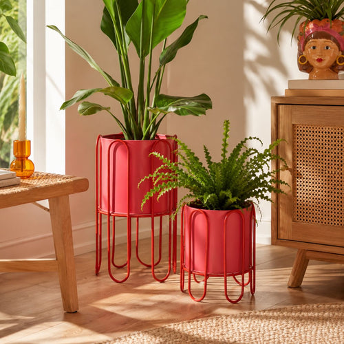 Mica Decorations Dione Bloempot op Standaard - Set van 2 - H35 x Ø26 cm - Metaal - Rood, Roze