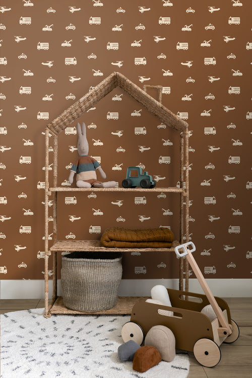 ESTAhome behang auto's, brandweerauto's, helikopters en kranen bruin - 50 x 900 cm - 131453 - vtwonen shop