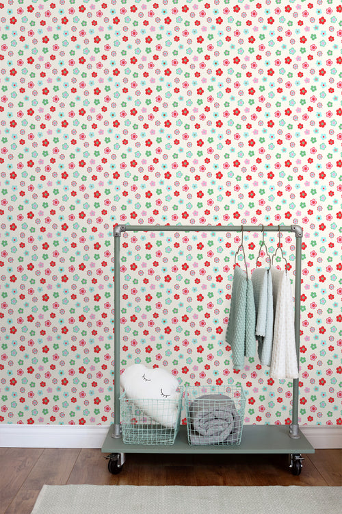 ESTAhome behang vintage bloemetjes lichtblauw, groen en rood - 53 cm x 10.05 m - 138726