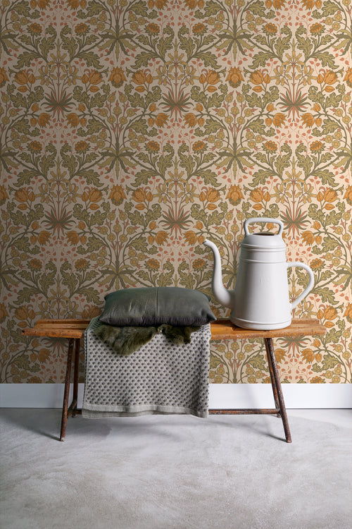ESTAhome behang vintage bloemen in art nouveau stijl warm oranje en vergrijsd groen - 50 x 900 cm - 131175 - vtwonen shop