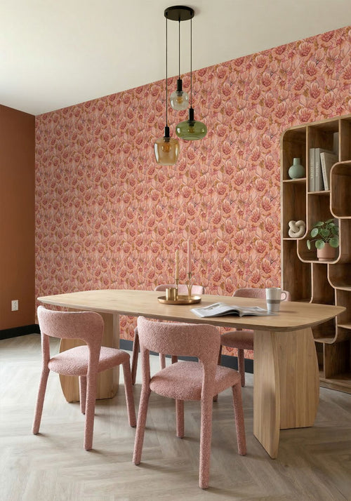 ESTAhome behang geborduurd bloemmotief terracotta roze - 50 x 900 cm - 131294