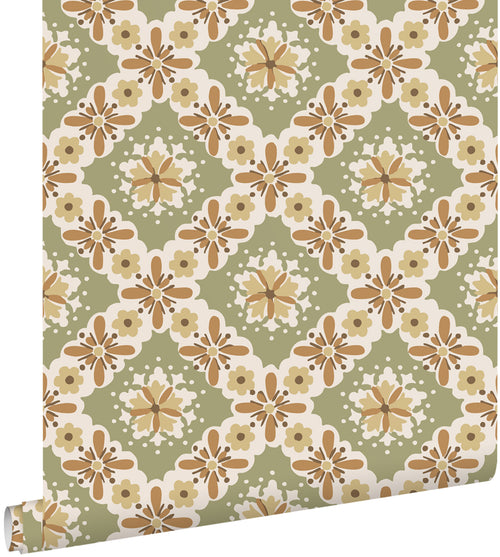 ESTAhome behang vintage bloemen groen en terracotta - 50 x 900 cm - 131504 - vtwonen shop