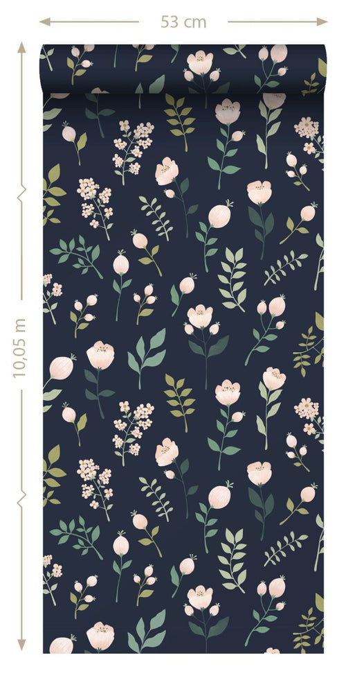 ESTAhome behang bloemen donkerblauw, roze en groen - 53 cm x 10.05 m - 139341