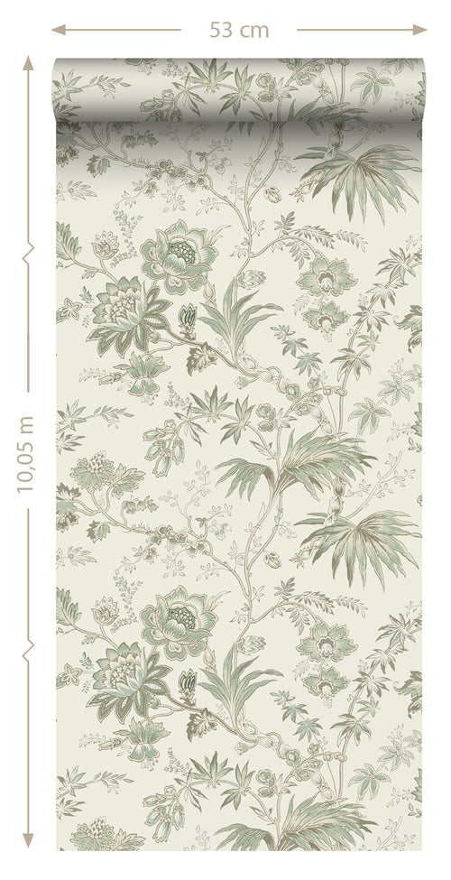 ESTAhome behang vintage bloemen crème en vergrijsd groen - 53 cm x 10.05 m - 139400