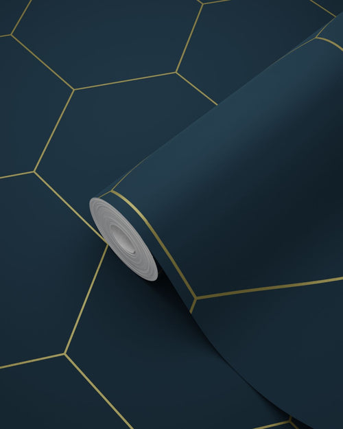 ESTAhome behang hexagon donkerblauw en goud - 53 cm x 10.05 m - 139237