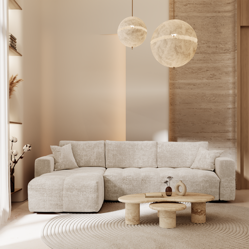Premium Interiors - Linkshoekbank met snelle uitklapfunctie VIBE - gewaafd fluweel crème 286cm