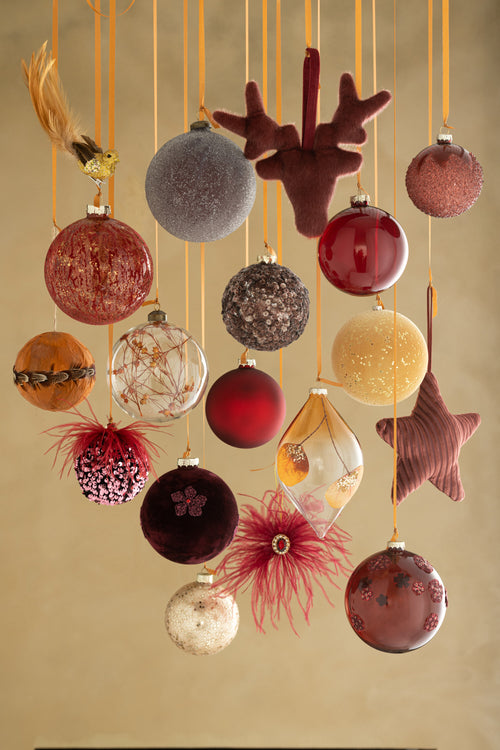 J-Line kerstbal Antiek fluweel/glas - bordeaux/goud - large - doos van 4