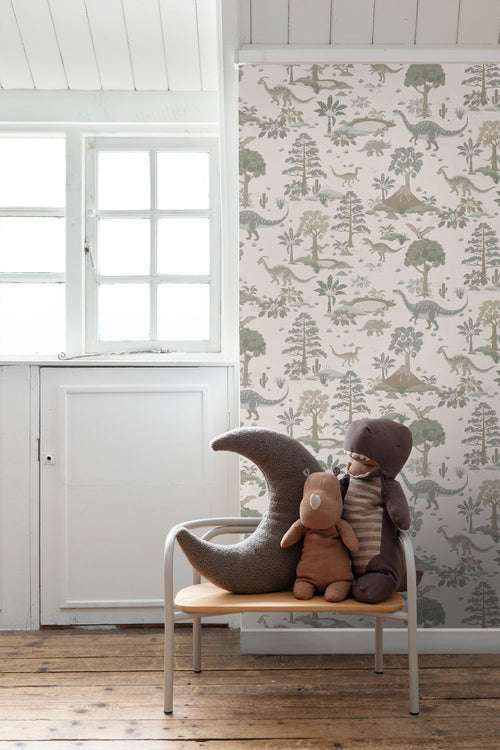ESTAhome behang dinosaurussen grijs en groen - 50 x 900 cm - 132174
