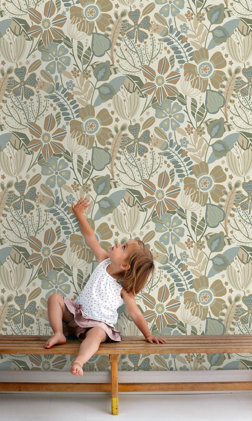 ESTAhome behang bloemmotief beige, blauw en groen - 53 cm x 10.05 m - 139676