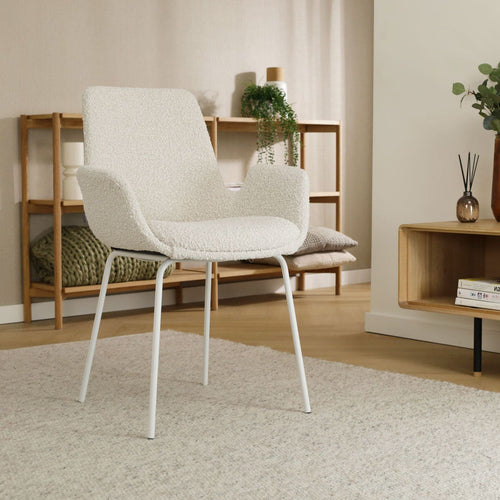 Nolon Nora-Eef Eetkamerstoel Bouclé Beige - met Armleuning - Wit