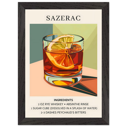 Artfulprints Poster met Lijst Sazerac cocktail - Ingrediënten   - A4 21x29.7 cm - Meerkleurig
