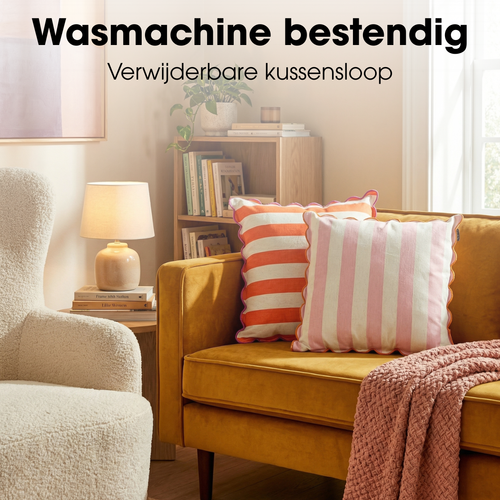 Mica Decorations Gestreept Sierkussen - Kussen met Kussenhoes - Woondecoratie Woonkamer - 45 x 45 x 10 cm - Katoen, Linnen, Polyester - Roze,