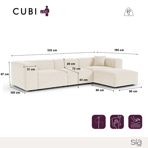 Sia Home - Modulaire hoekbank CUBI - Chenille fluweel - Crème - 332cm