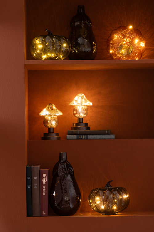 J-Line decoratie Pompoen - glas - cognac/olijfgroen - 3 stuks - LED lichtjes - vtwonen shop