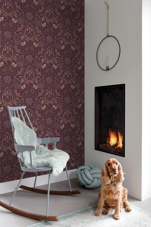 ESTAhome behang bloemen en vogels aubergine paars - 50 x 900 cm - 131635 - vtwonen shop