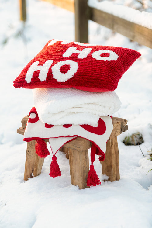 J-Line kussen Hohoho - polyester - kerstrood/wit - 2 stuks