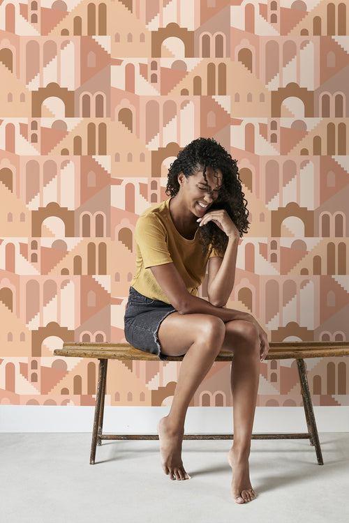 ESTAhome behang mediterrane huisjes terracotta roze - 50 x 900 cm - 139627 - vtwonen shop