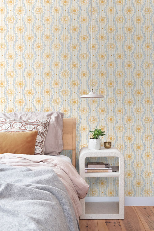 ESTAhome behang retro ornamenten beige, blauw en geel - 50 x 900 cm - 132017